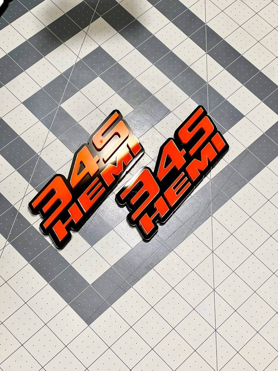 Custom 3D 345 HEMI Emblems – Orange & Black Side Fender Badges (Set of 2)
