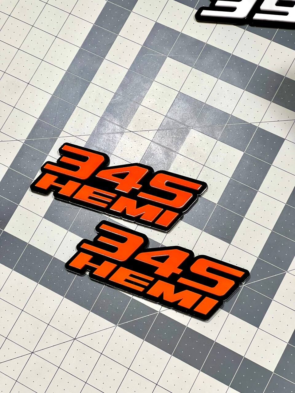 Custom 3D 345 HEMI Emblems – Orange & Black Side Fender Badges (Set of 2)