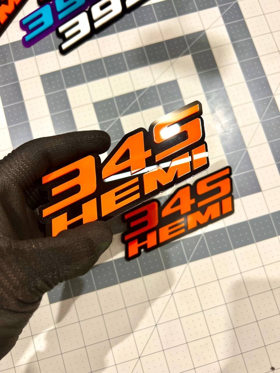 Custom 3D 345 HEMI Emblems – Orange & Black Side Fender Badges (Set of 2)