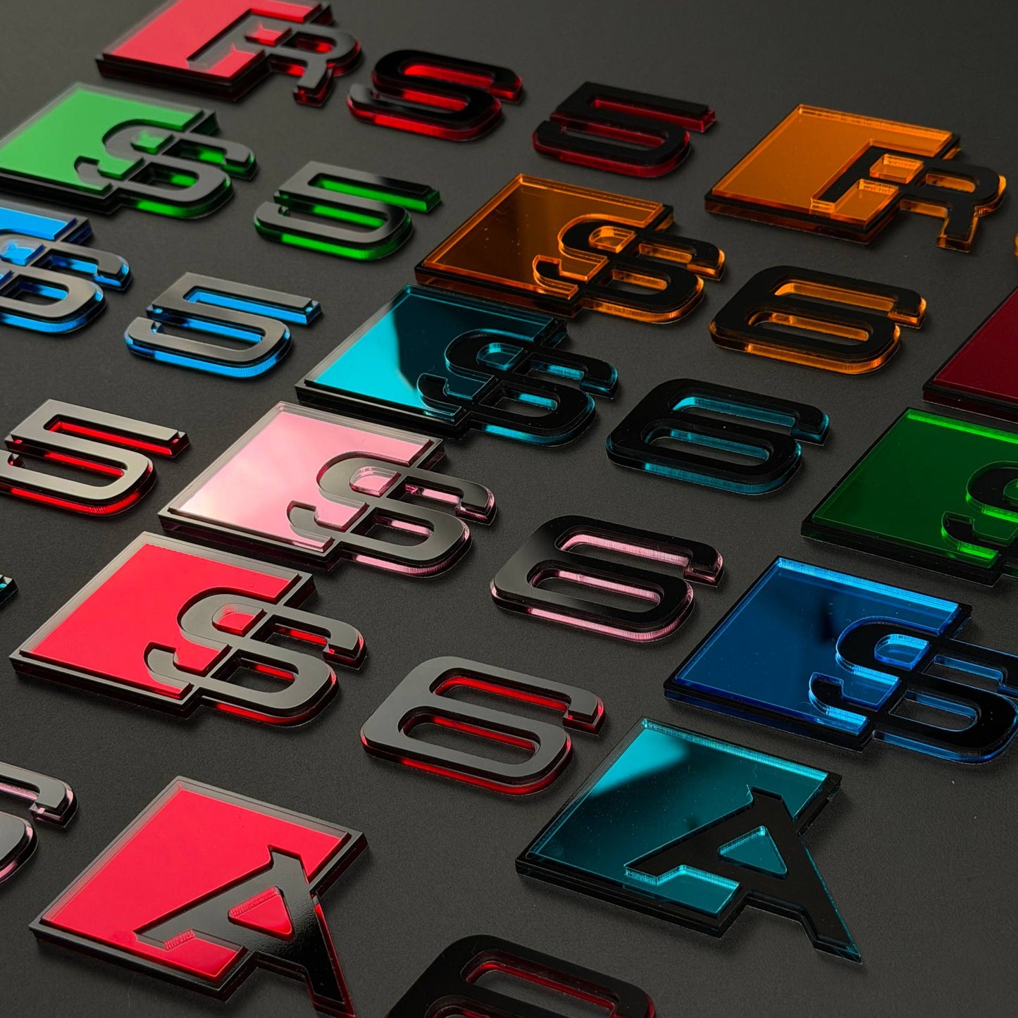 Audi RS S A Series Emblem Badge – Custom Color Logo for A3 A4 A5 A6 A7 A8 S3 S4 S5 RS3 RS5 RS6 Q5 Q7 Q8