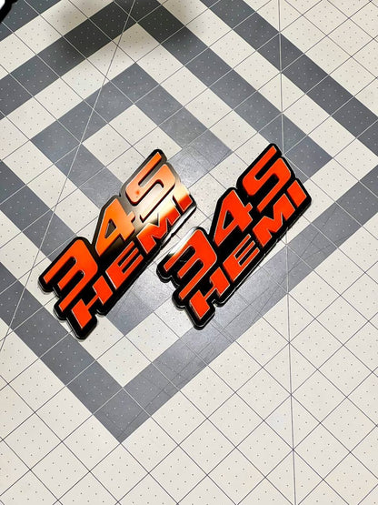 Custom 3D 345 HEMI Emblems – Orange & Black Side Fender Badges (Set of 2)