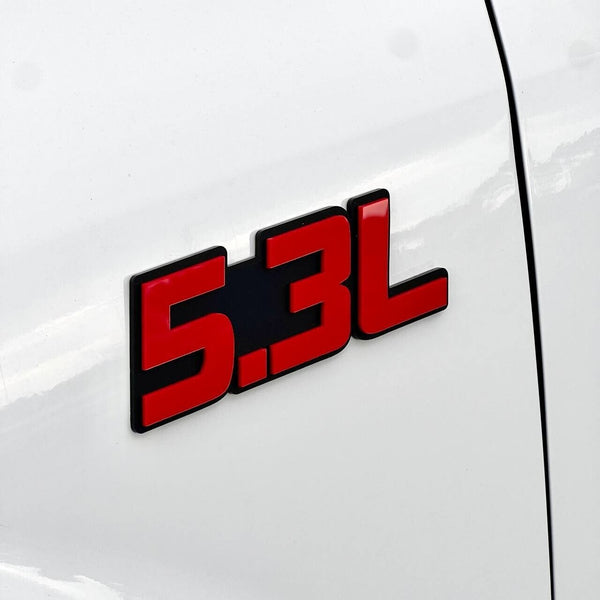 QTY 2 TRUNK FENDER HOOD INTERIOR EXTERIOR 5.3L ENGINE EMBLEMS BADGE RED PAIR — photo 5