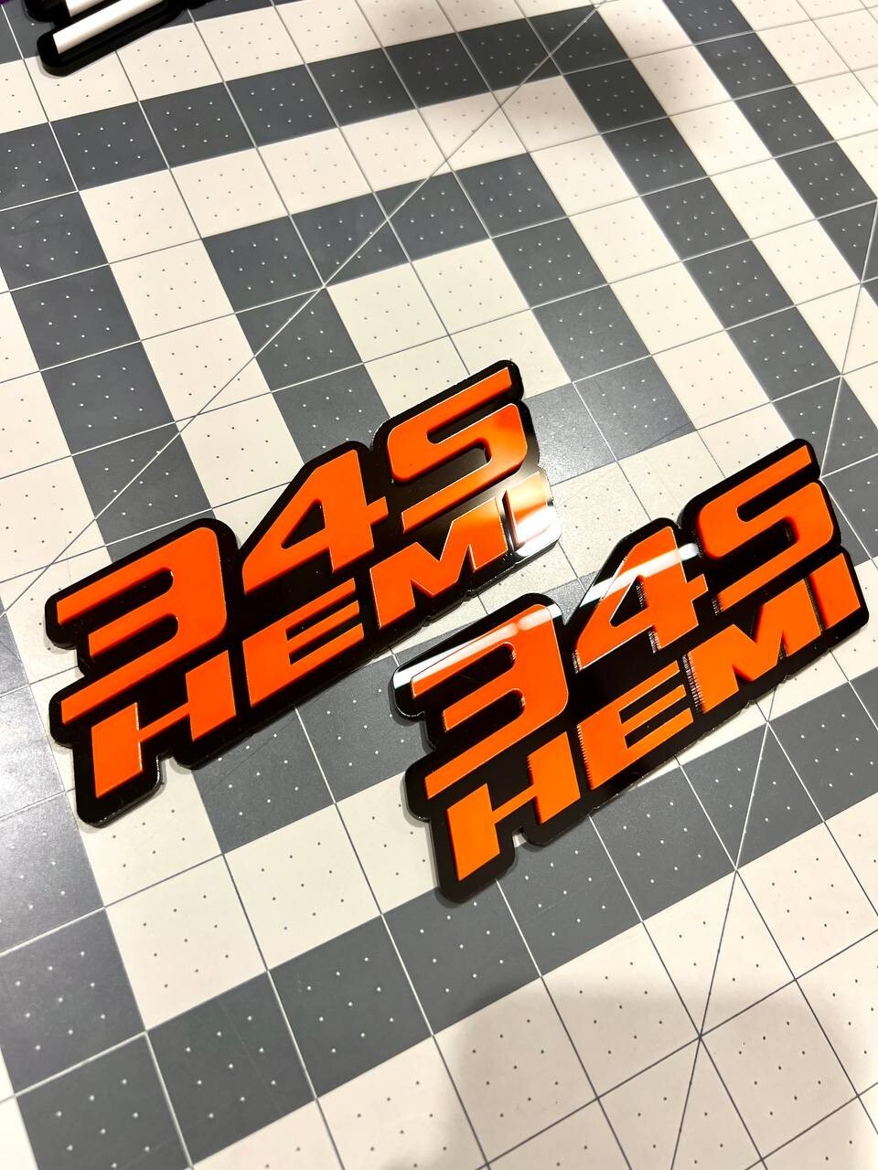 Custom 3D 345 HEMI Emblems – Orange & Black Side Fender Badges (Set of 2)