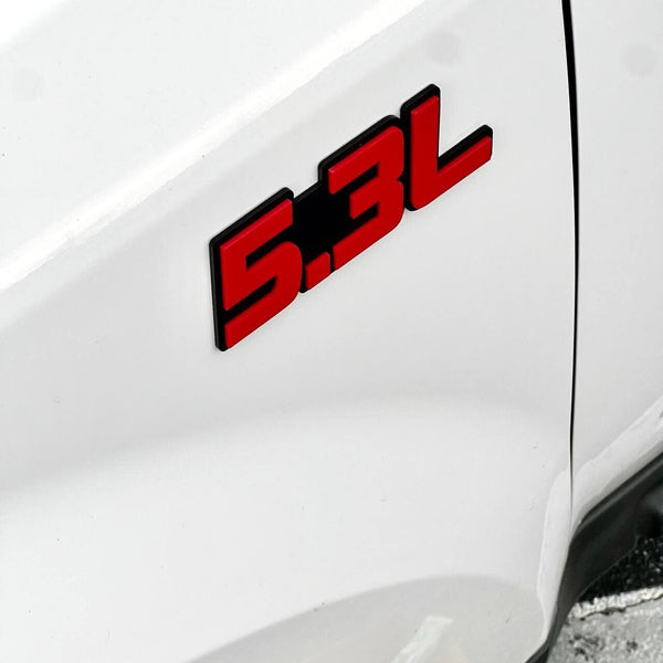 QTY 2 TRUNK FENDER HOOD INTERIOR EXTERIOR 5.3L ENGINE EMBLEMS BADGE RED PAIR — photo 9