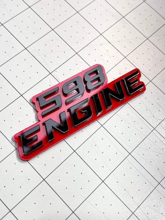 598 ENGINE EMBLEMS QTY 2 FENDER EXTERIOR 598 ENGINE BADGE PAIR 3D ACRYLIC DECAL