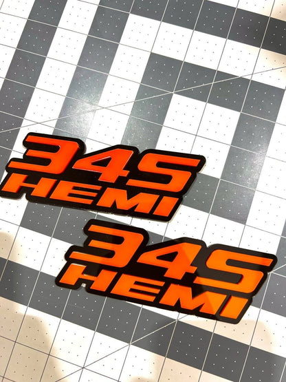 Custom 3D 345 HEMI Emblems – Orange & Black Side Fender Badges (Set of 2)