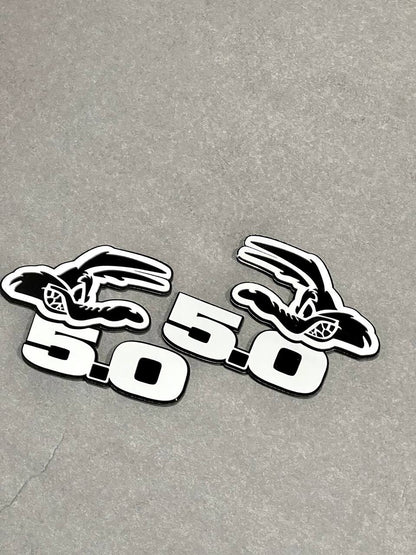 5.0 COYOTE Emblem Badges White On Black Fender Angry Aggressive Racing