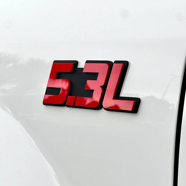 QTY 2 TRUNK FENDER HOOD INTERIOR EXTERIOR 5.3L ENGINE EMBLEMS BADGE RED PAIR — photo 6