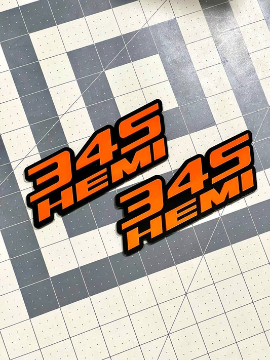 Custom 3D 345 HEMI Emblems – Orange & Black Side Fender Badges (Set of 2)